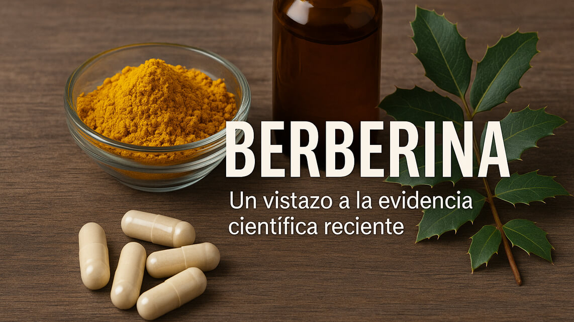 Imagen de alta resolución con fondo de madera marrón. En primer plano, un cuenco de cristal contiene polvo amarillo de berberina; alrededor hay cápsulas beige dispersas. A la derecha, una botella de vidrio ámbar y una rama de hojas verdes. Sobre la imagen aparece el texto: “BERBERINA. Un vistazo a la evidencia científica reciente”