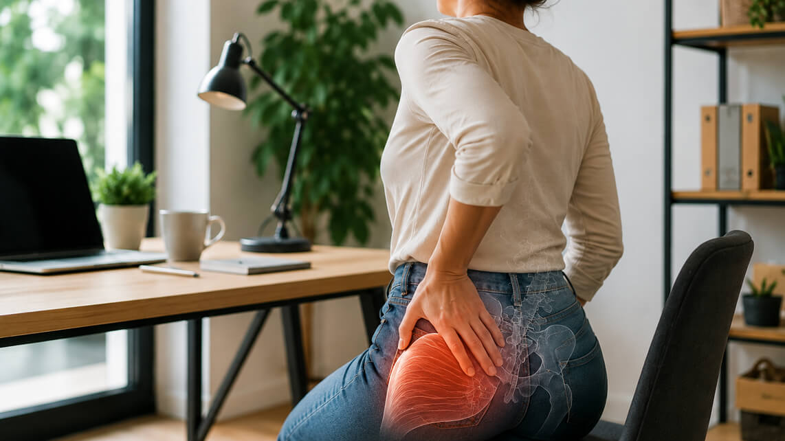Mujer levantándose de una silla tras trabajar sentada, con representación anatómica de la musculatura glútea y la cadera.