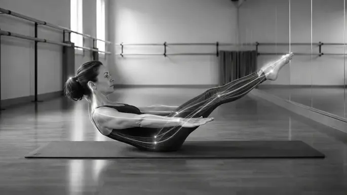 Persona practicando Pilates suelo sobre una colchoneta, con líneas superpuestas que ilustran la relación entre distintas zonas corporales.