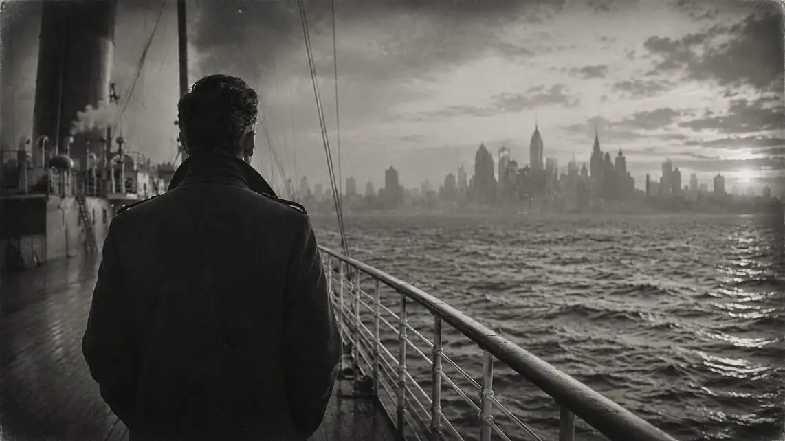 Hombre en la cubierta de un barco rumbo a Nueva York, evocando el viaje de Joseph Pilates hacia América y el nacimiento de la Contrología.
