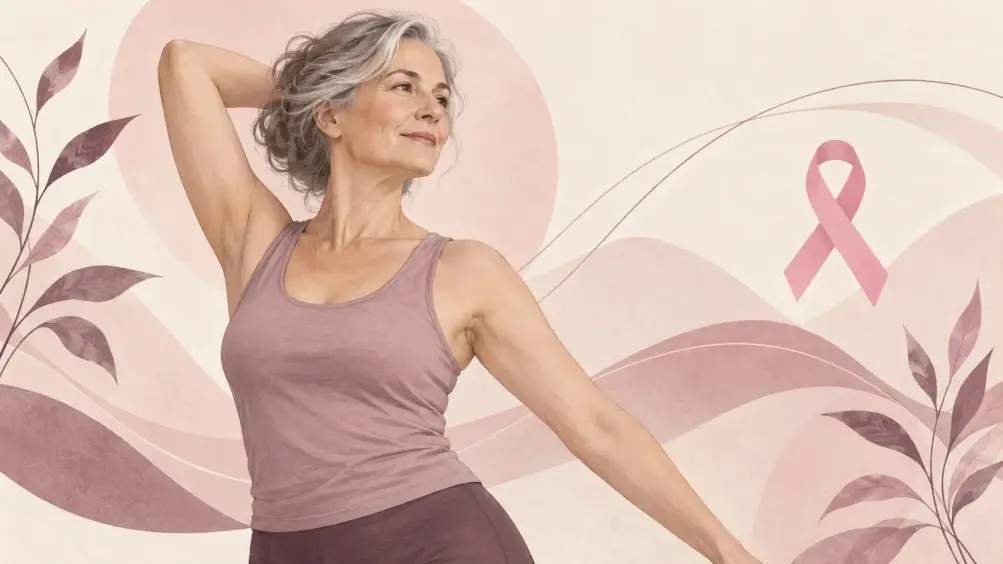 Ilustración de una mujer con un brazo elevado, sobre un fondo en tonos rosas con un lazo rosa.